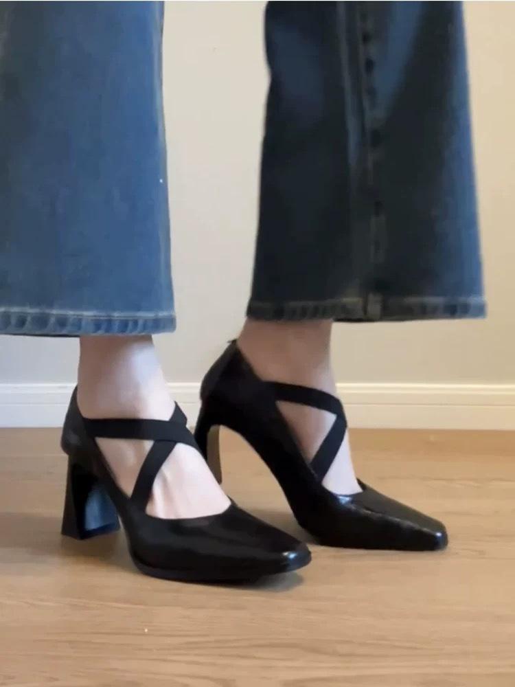 

Sheepskin version cross-band elastic band retro thick heel Mary Jane shoes women s one-pedal high-heeled single shoes pointed ballet shoes 40 чёрный