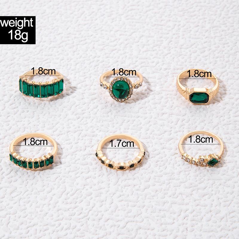 European and American vintage personalized jewelry Green diamond-set six-piece ring set Imitation gemstone light luxury ring set