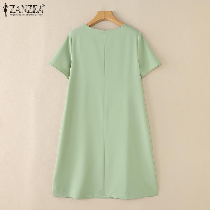 ZANZEA Women Casual Round Neck Solid Color Summer Short Sleeve Dress