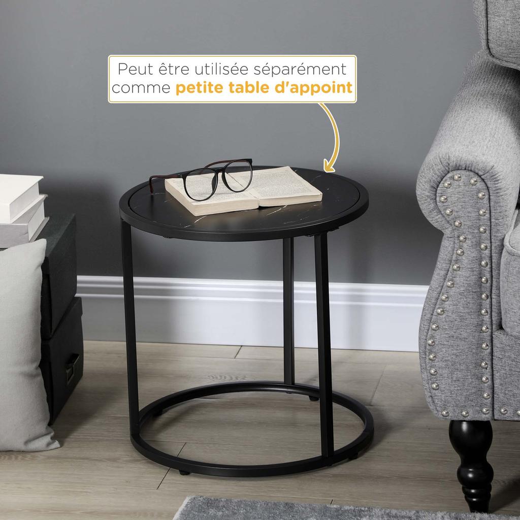 Set Of 2 Round Nesting Coffee Tables Stackable Marble Look Wood Top And Black Metal Legs