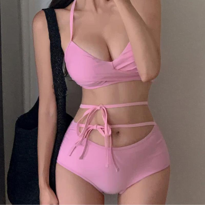 Summer new solid color high waist conservative split sexy Spice Girl halter tether atmosphere pure desire swimsuit