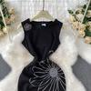 Dinner Party Dress Women's Summer High Sense Hot Diamond Flower V-Neck Sleeveless Slim Skinny Split Dress