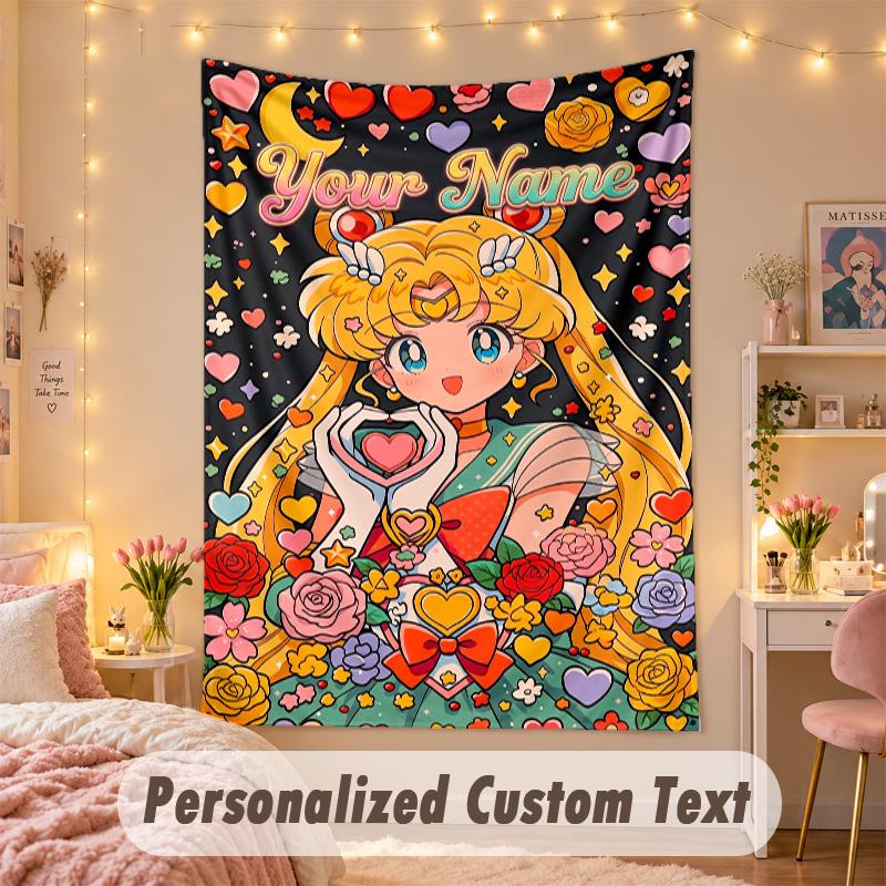 Custom Personalized Tapestry,Sailor Moon Print Custom Name Text Wall Art Hanging for Bedroom