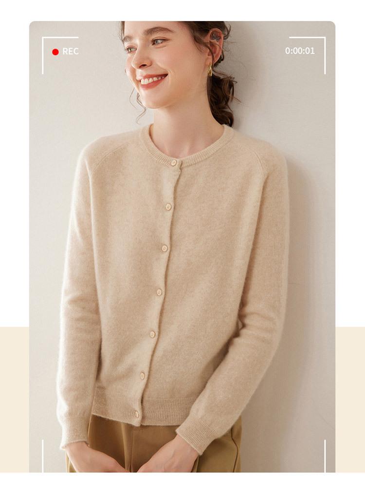 Women's Loose Fit Cashmere Raglan Cardigan – Round Neck, Long Sleeve, Solid Color