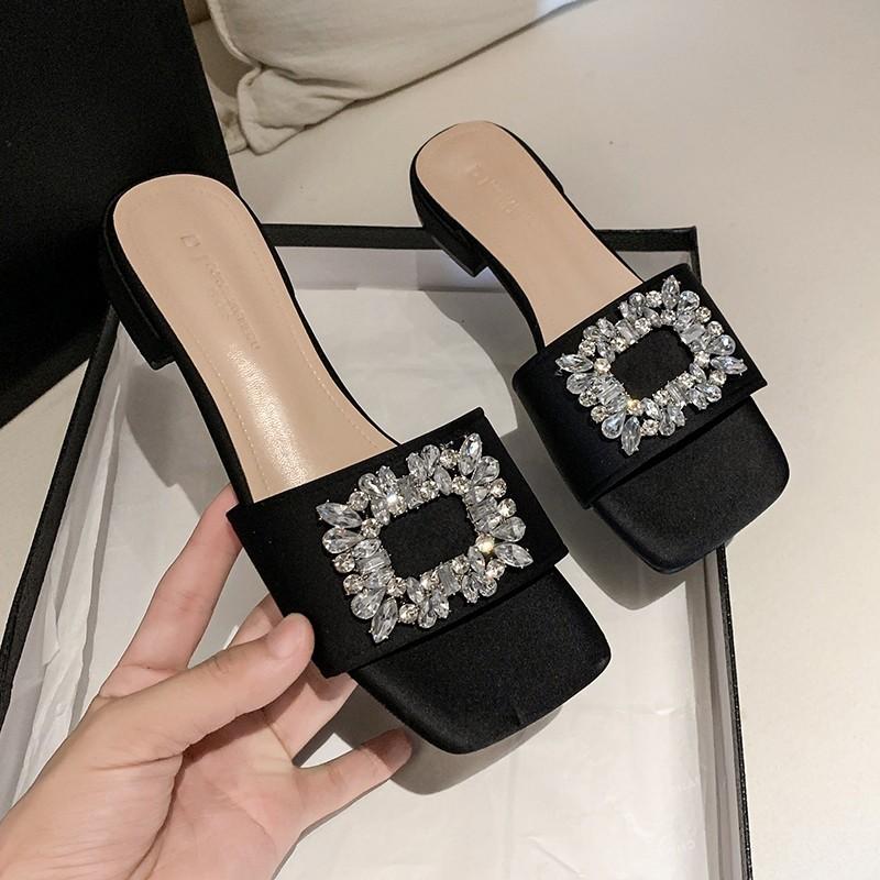 

Повседневные женские тапочки для отдыха, квадратный низкий каблук, хрустальные мюли, женская обувь, однотонные кожаные шлепанцы, летние тапочки с яркими бриллиантами 40 чёрный