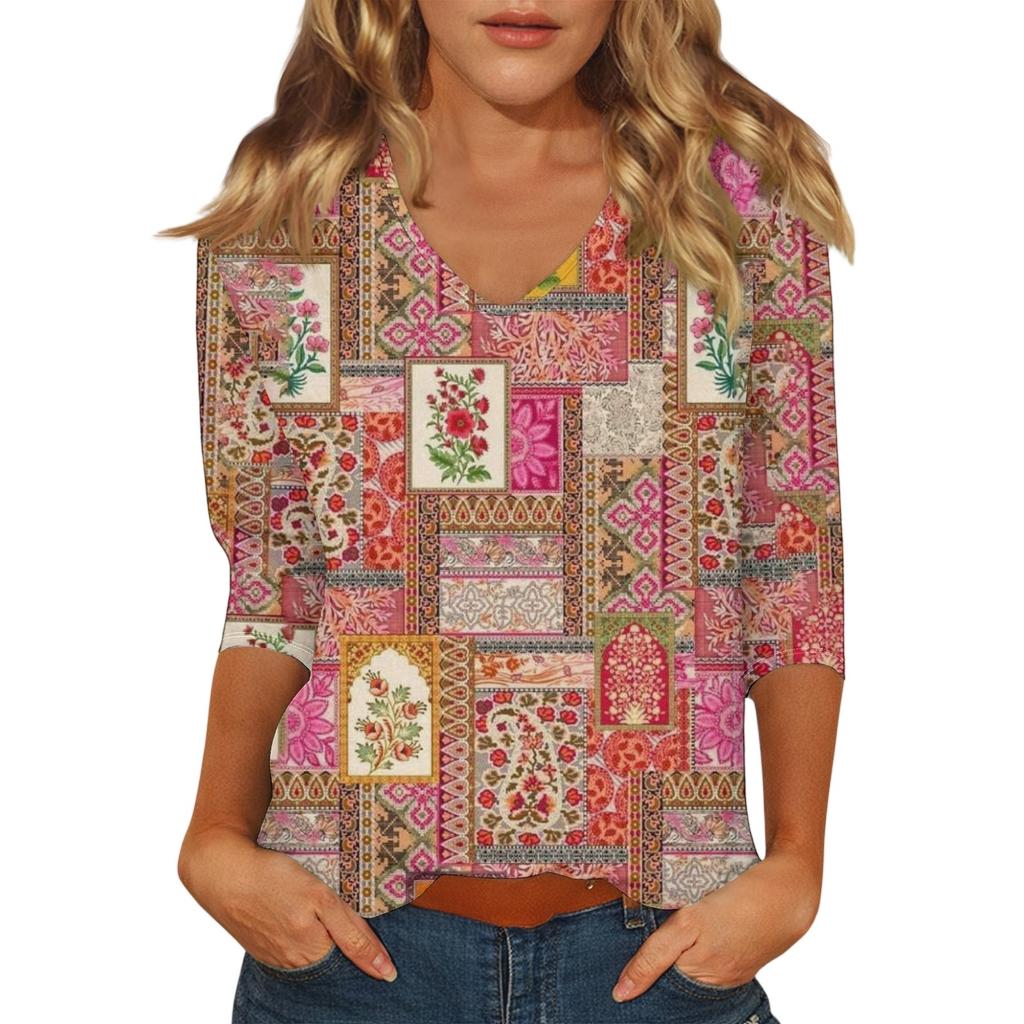 Top Casual de Moda para Mujer Sexy Cómodo Cuello en V Floral Manga Siete