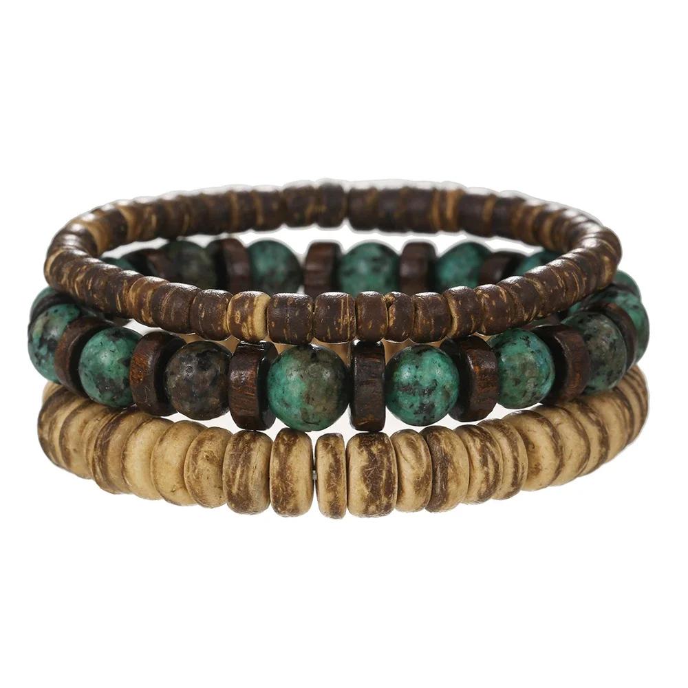 Best-selling Multi-layer Buddha Wood Bead Bracelets Sets Men's Retro Style Multi-layer Elastic Thread Adjustable Wooden Bracelet