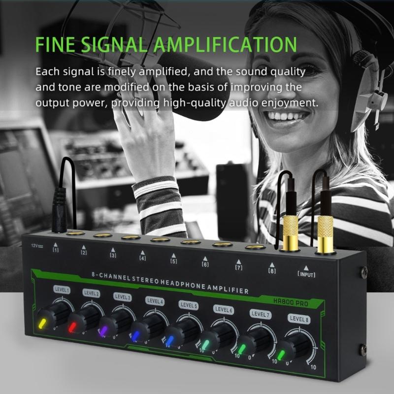 8 Channel Stereo Headphone Amplifier LED Sound Amplifier With Power Adapter EU US Plug Adapter Headphone Amplifier