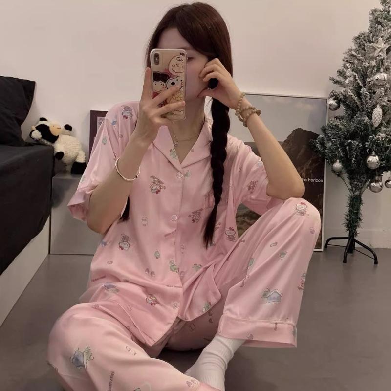 Silk Premium Pajamas Women'S Summer Short-Sleeved Trousers Ice Silk Cartoon Pink And Sweet Girl Suit Loungewear