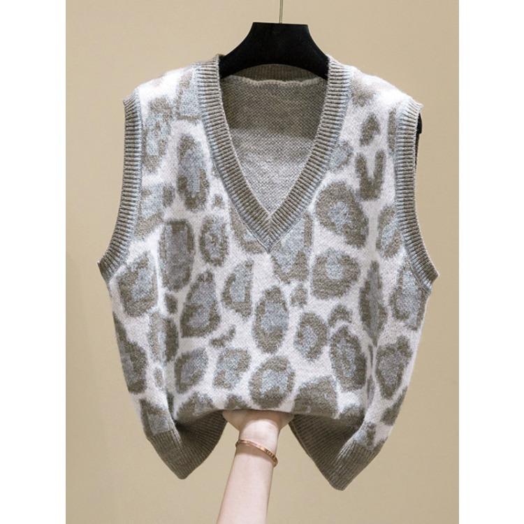 Dámská pletená vesta s výstřihem do V se vzorem leopardí srsti Jarní a podzimní vesta Korejský pulovr Svetrová vesta