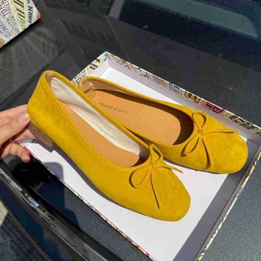 Princess Xiangchen's new bow-tie yellow single shoes women's flat-soled shallow-mouth shoes soft-soled Doudou shoes French ballet shoes