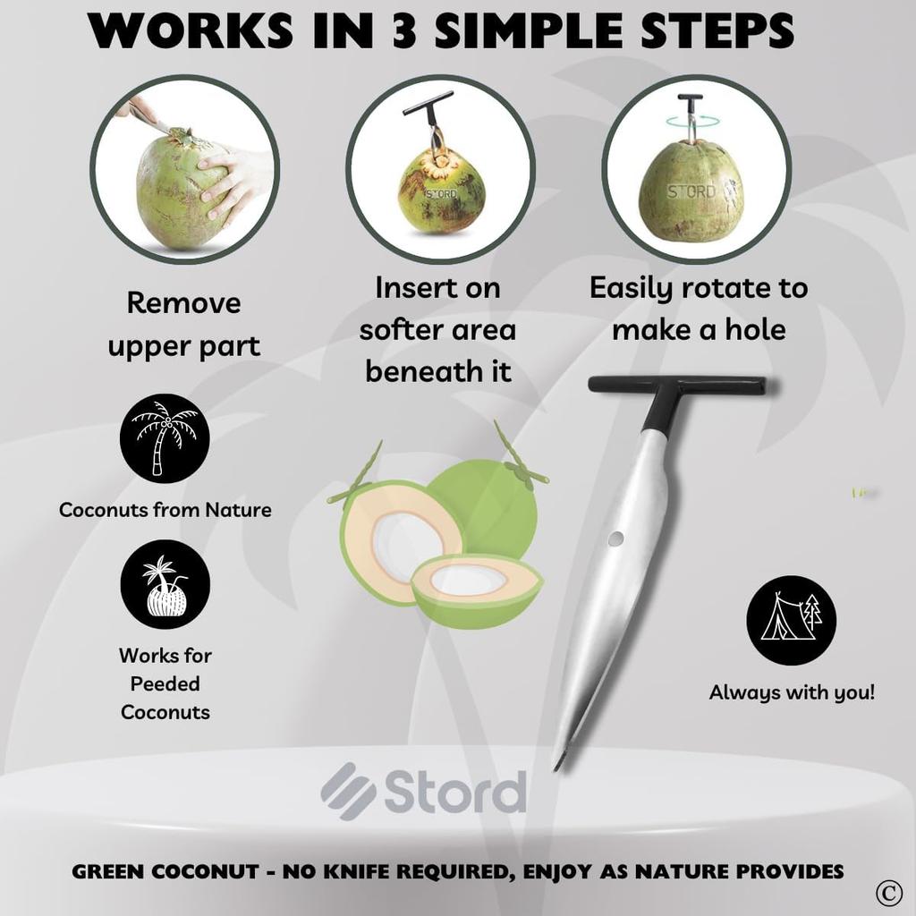 Coconut Opener for Fresh Green Young Coconut Water - Works With Peeled Thai Young White Coconuts - Open In Seconds Super Safe Easy and Fast