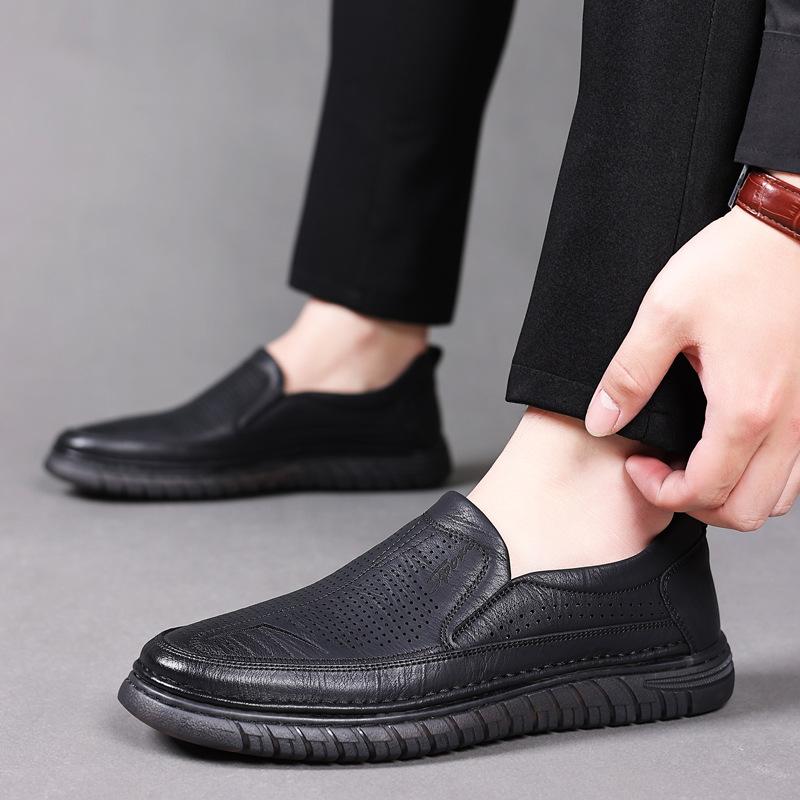 Men's Shoes Summer Thin Cowhide Breathable Men's Casual Leather Shoes Soft Sole Hollow One Pedal Hole Shoes