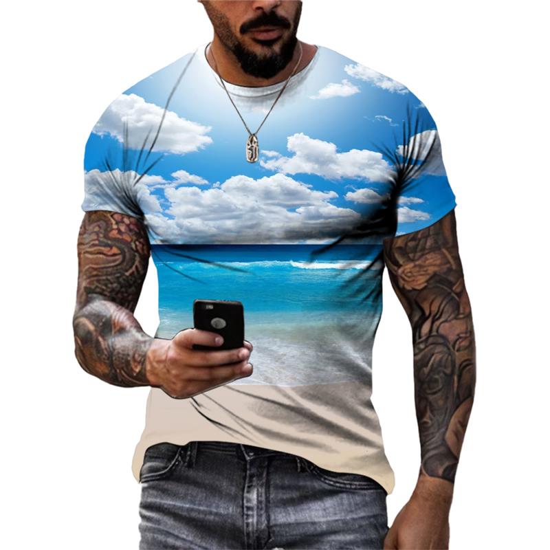 Sommersollys Havbølge Sand Casual Stil grafiske t-skjorter Mote Nye Menn Fritid Trykket Rund Hals Kortermet T-skjorter Topper