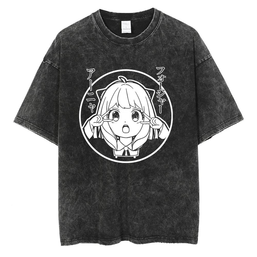 Spy x Family Forger Familie Fernbedienung Szene Vintage Washed Anime T-Shirt, Unisex Comedy Anime Fan Streetwear Tee, 100% Baumwolle Lässig Kurzarm