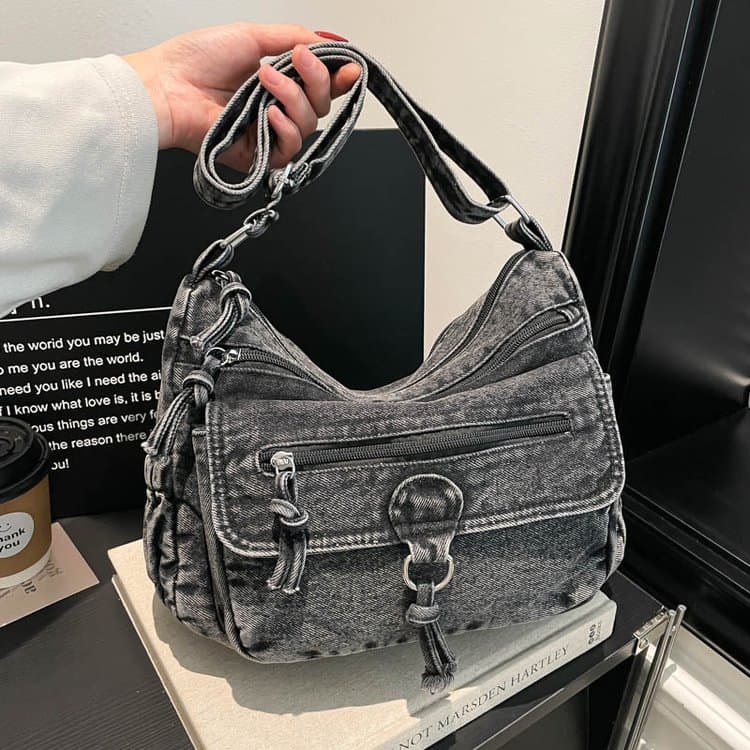 

Retro Denim Tote Bag Women s Casual Shoulder Bag чёрный