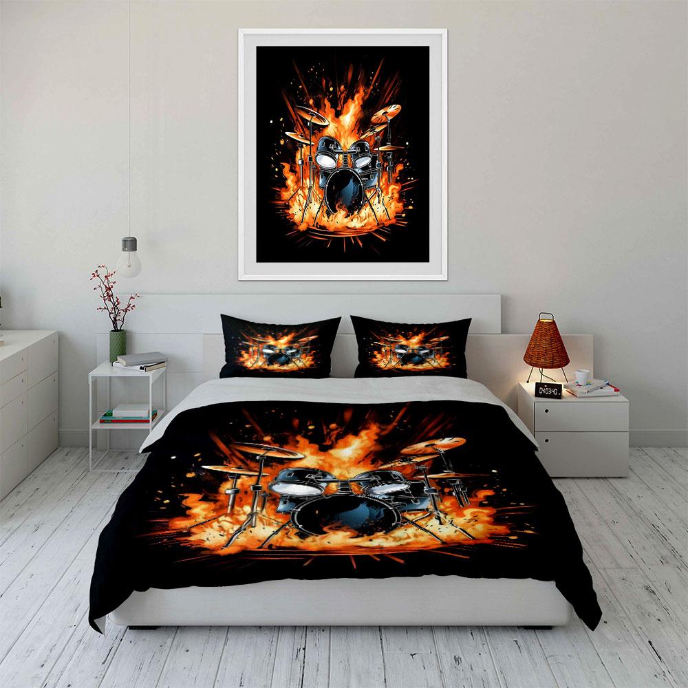 Drum Set Surrounded by Flames Print Bedding Set 1 Duvet Cover 2 Pillowcases for Adult and Children Luxury Gift Full Size