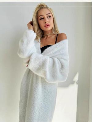 Dámsky nadýchaný biely pletený kardigánový kabát z imitácie norky na jeseň/zimu
