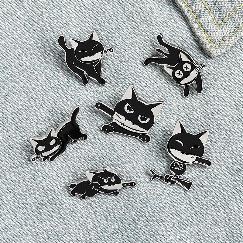 Playful Black Cat Brooch with Knife Design – Unique Animal Accessory