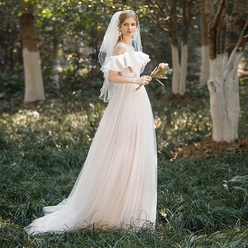 French Light Wedding Dress 1011 New Bride One-word Shoulder Suspenders Small Bow Temperament Presiding Over Dress Trailing