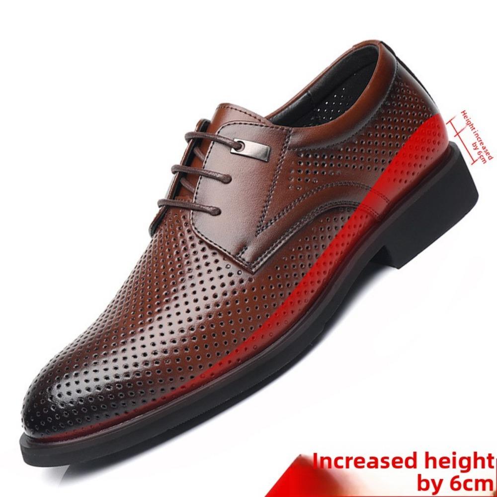 Mens Leather Shoes Formal Business Oxford Shoes with Hidden Height Increase Breathable Hollow Design Wedding Groom Shoes