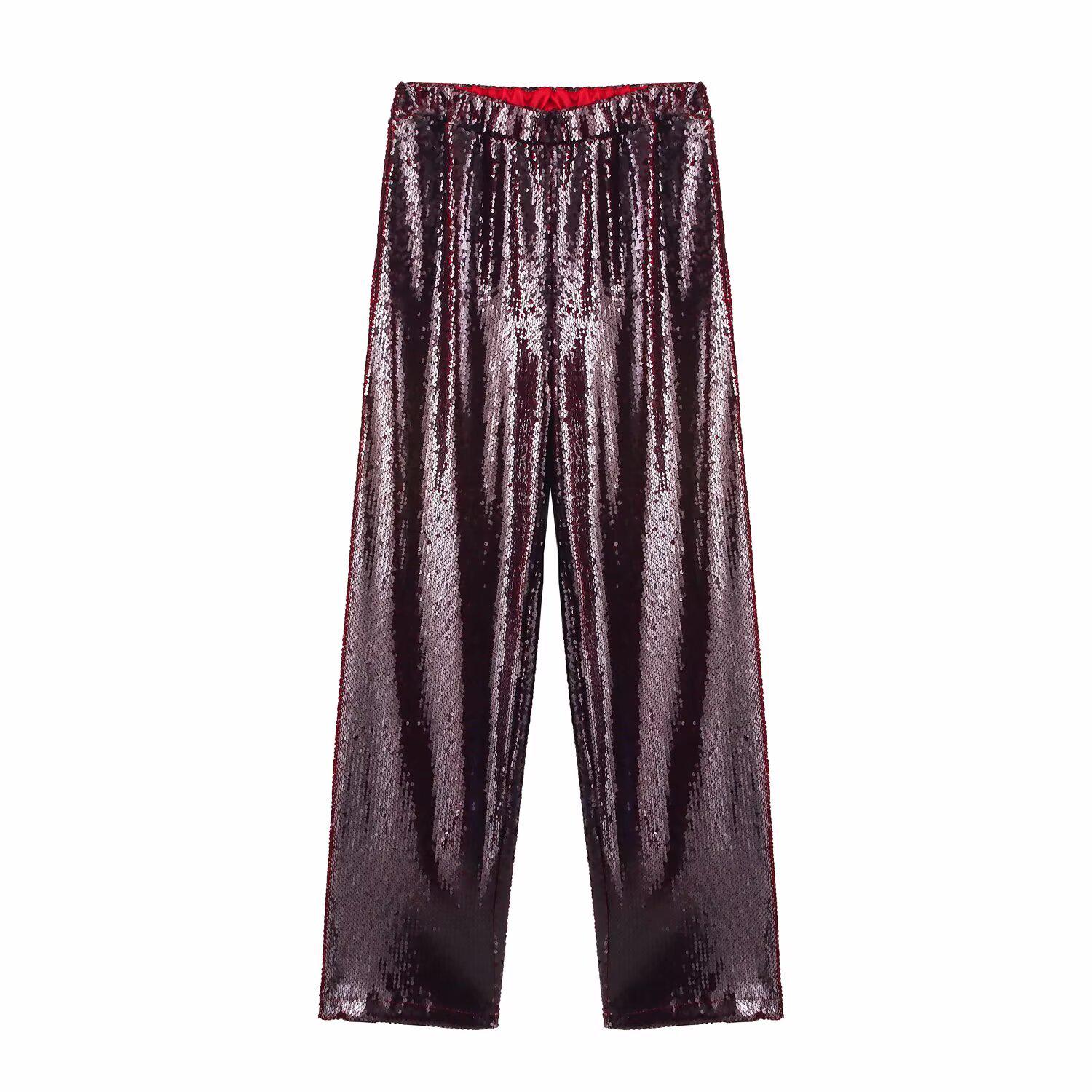 

2025 Весна Женские Европейский и Американский Стиль Высокая Посадка Блестки Свободные Широкие Повседневные Брюки S красный/фиолетовый