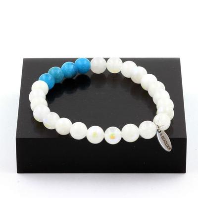 Stones and Minerals. Moonstone + Apatite 8 Mm Pearl Bracelet. Made In France.