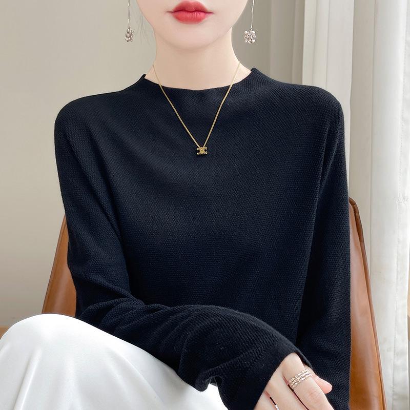 

Женский свитер с длинным рукавом и полувысоким воротником из мериносовой шерсти - Мягкий, однотонный, универсальной свободной вязки для осени/зимы L чёрный