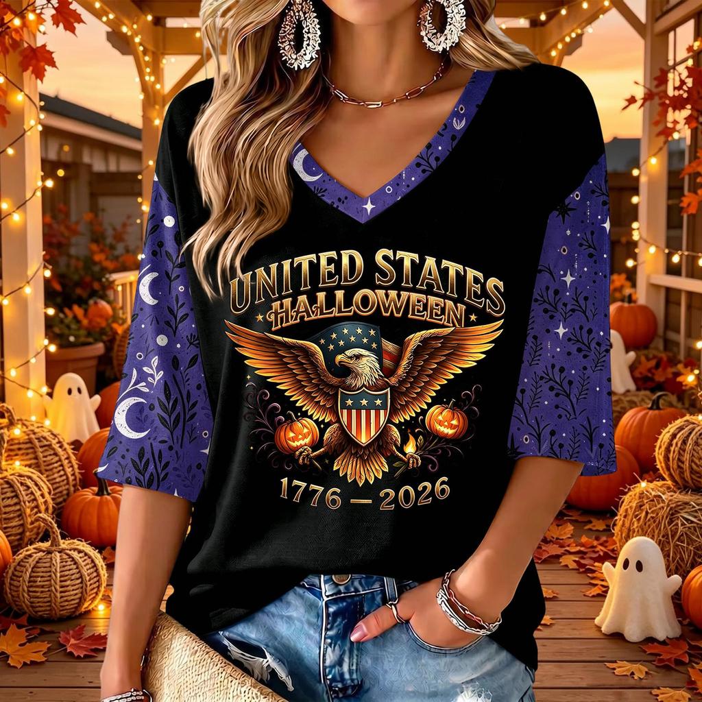 Women's V-Neck Casual Three-Quarter Sleeve Halloween Print Top