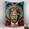 Fiery-eyed figure with a halo of bullets, guns, and rose accents. Patterned tapestry for bedroom and living room home decor