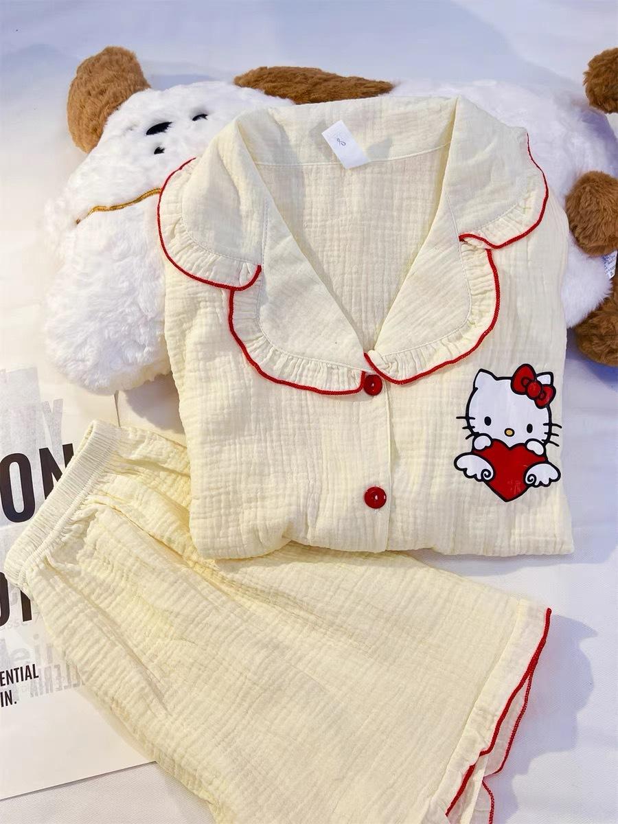 

Japanese cartoon Hello Kitty girl pajamas summer lace short-sleeved shorts ins style suit can be worn outside loungewear S