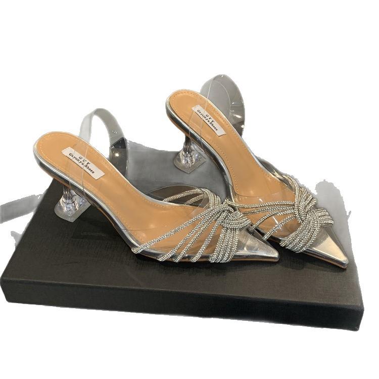 Youth Sexy Transparent High Heels Cross Rhinestone Pointed Royal Sister Sexy Beautiful Bag Head Sandals Women'S Summer