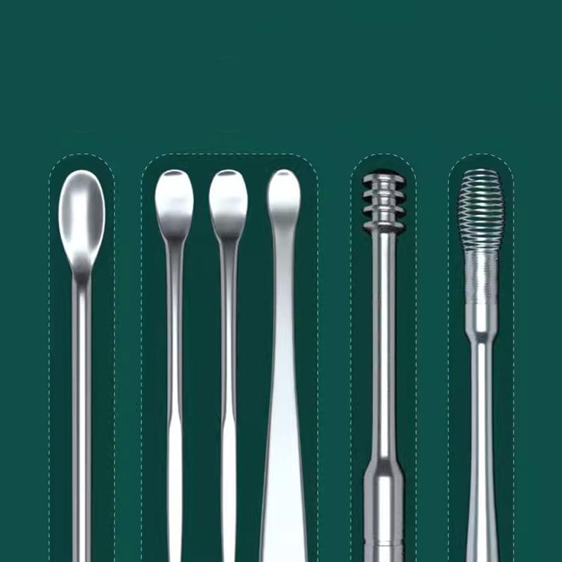 Ohrstocher aus Edelstahl, 6-teilig, Spiral-Ohrstocher-Set aus silbernem Metall, tragbarer Schlüsselanhänger