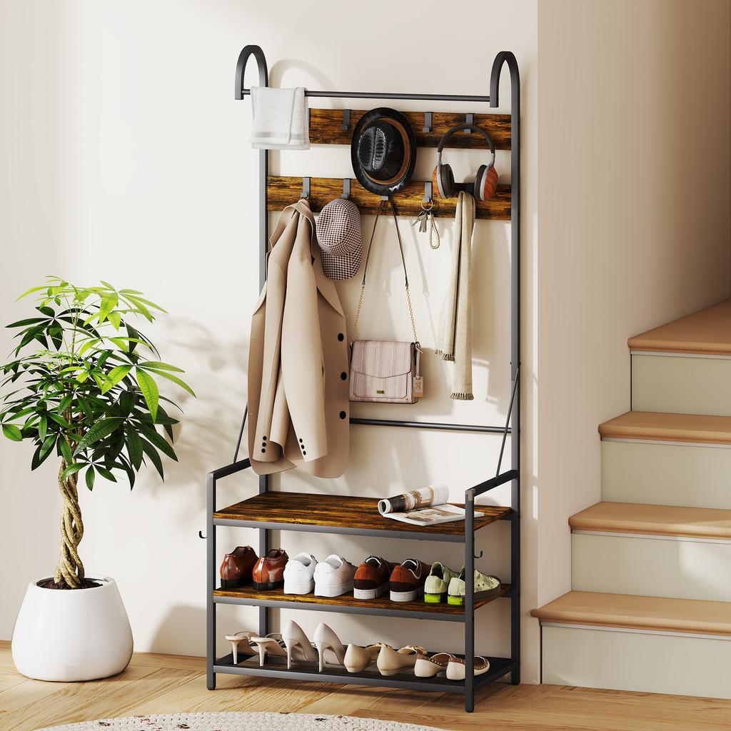 Entryway Coat Rack with Rod, 10 Hooks, Bench and Shoe Rack, In Wood and Metal, 80x40x182 Cm, Brown and Black