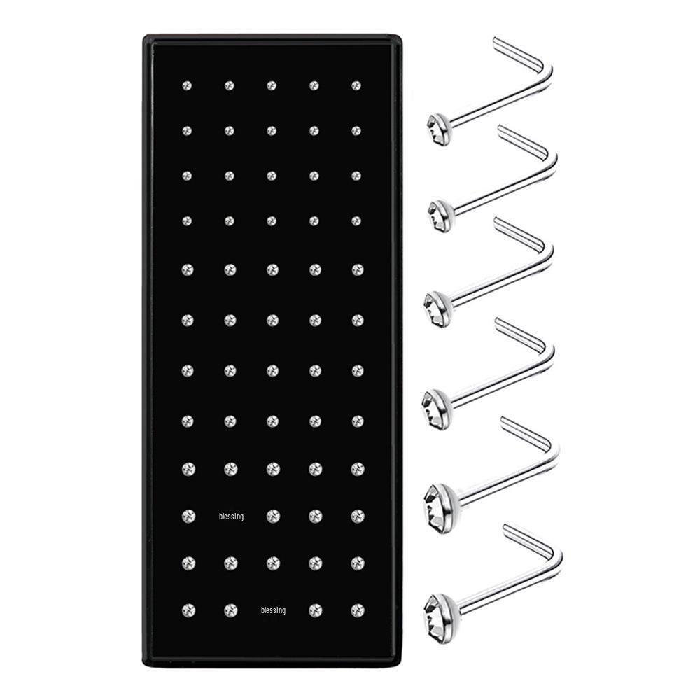 60 Stainless Steel L-Shaped Nose Studs (1.5/2.0/2.5mm) with Diamond Inlay Curve Nose Rings