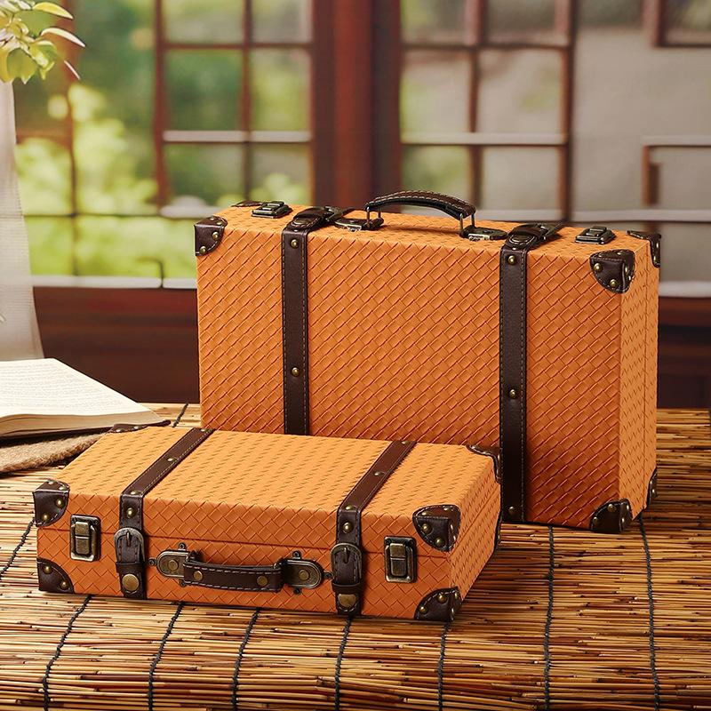 Vintage Resväskor Trä Handhållen Förvaringsresväska Klädsorteringslåda Skyltfönsterdisplay Pu Läder Vävd Rekvisitalåda Dekoration