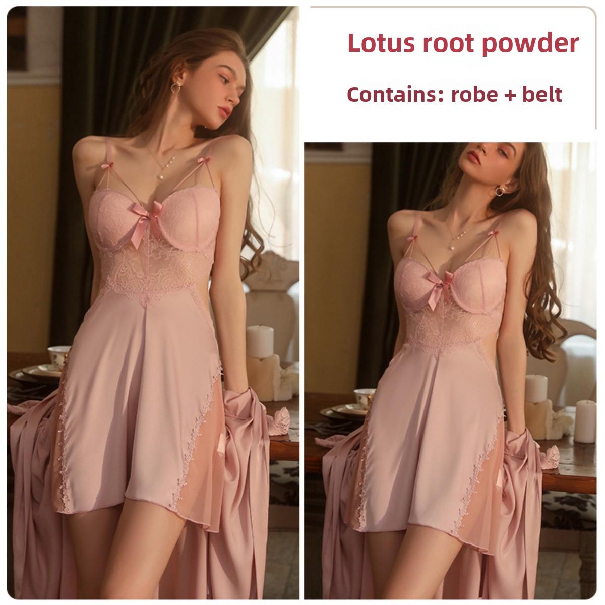 

Large Size Ice Silk Plus Chest Pad Steel Ring Gathering Suspender Nightdress Robe Home Set one size