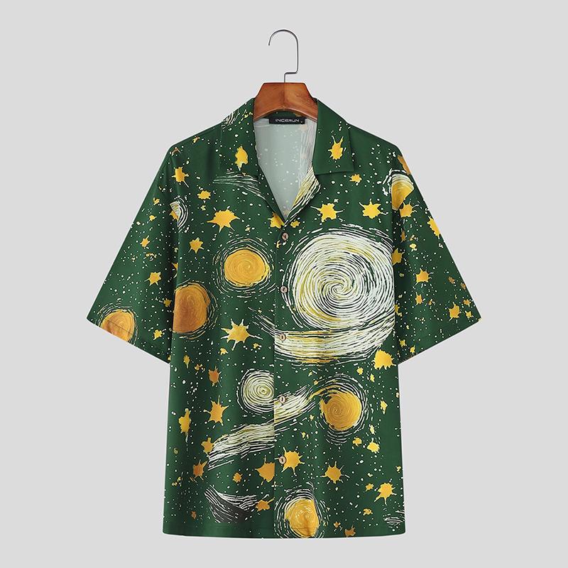 INCERUN Oversized Men Casual Lapel Neck Short Sleeve Printing Buttons Shirts