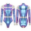 Weltraum-Astronauten-Kostüm für Damen, Cosplay-Bodysuit, Oberteile, figurbetonter Turnanzug, metallisch glänzender Kontrast-Overall, Halloween-Cosplay-Kostüm