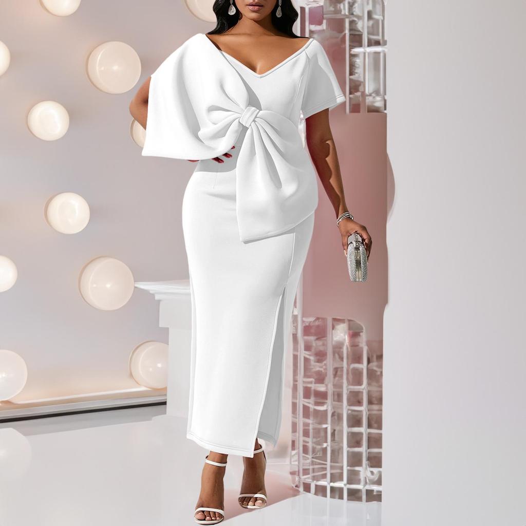 D395 Women's Sexy Evening Dress with Slit and Large Bow – European and American Style.