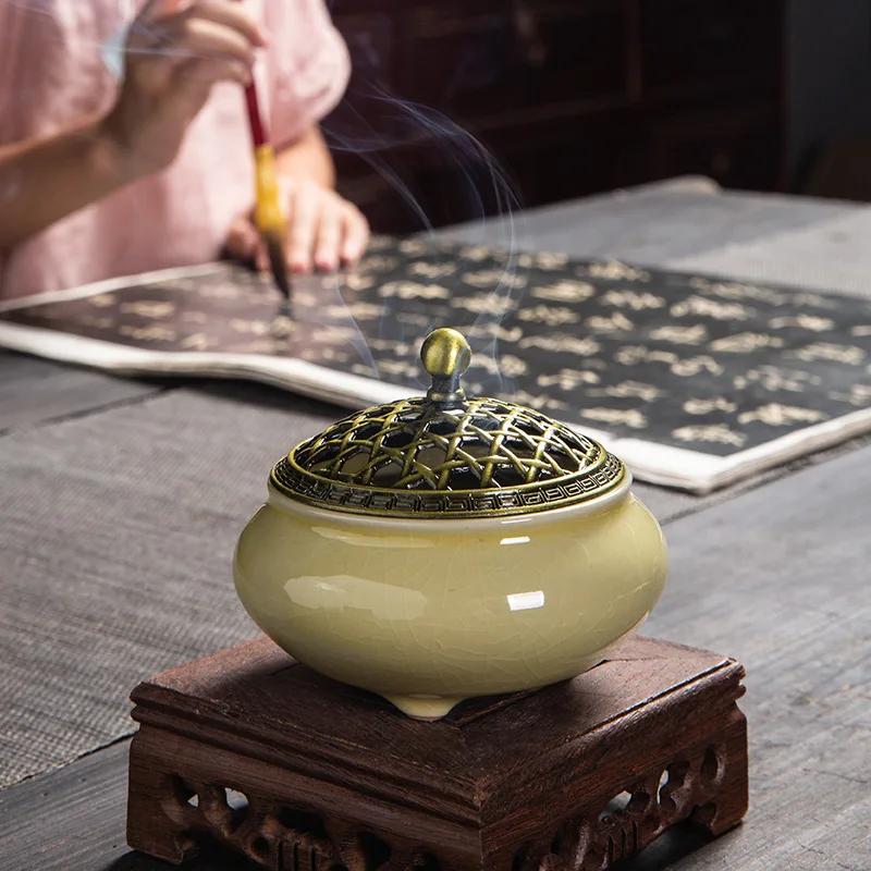 1 ks Popraskaná glazovaná keramická kadidelnice, věžová kadidelnice pro domácnost, malá podnosová kadidelnice