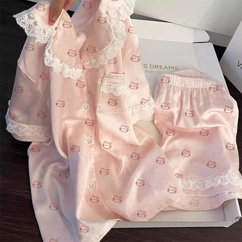 Sweet Cartoon Ice Silk Premium Lace Edge Pajamas Women'S Summer Short-Sleeved Suit Loungewear