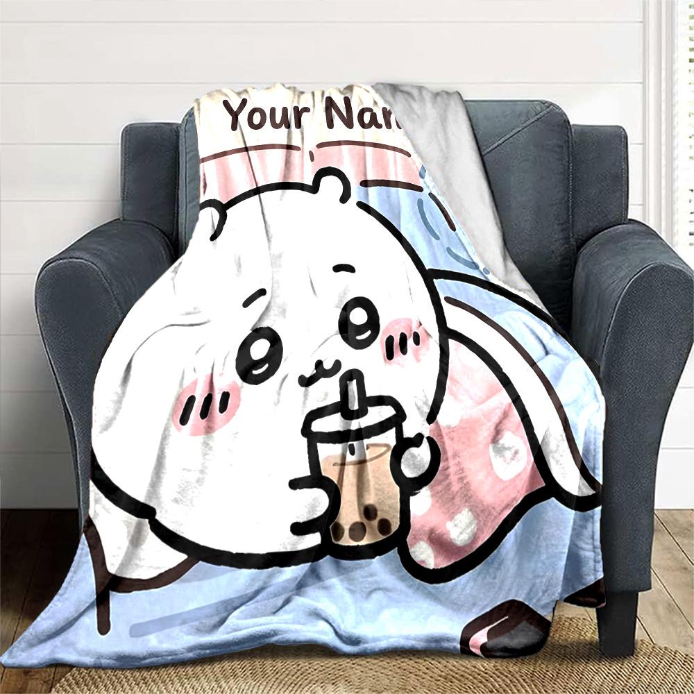 1pc Chiikawa Blanket with Custom Name, Gift, for Men and Women, Soft Blanket, Good for Sofa Bed Couch Travel, Lightweight Flannel Blanket