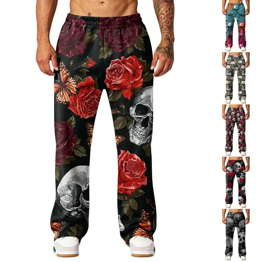 Men's Loose Fit Wide Leg Printed Pants with Pockets for Casual Sports and Everyday Wear