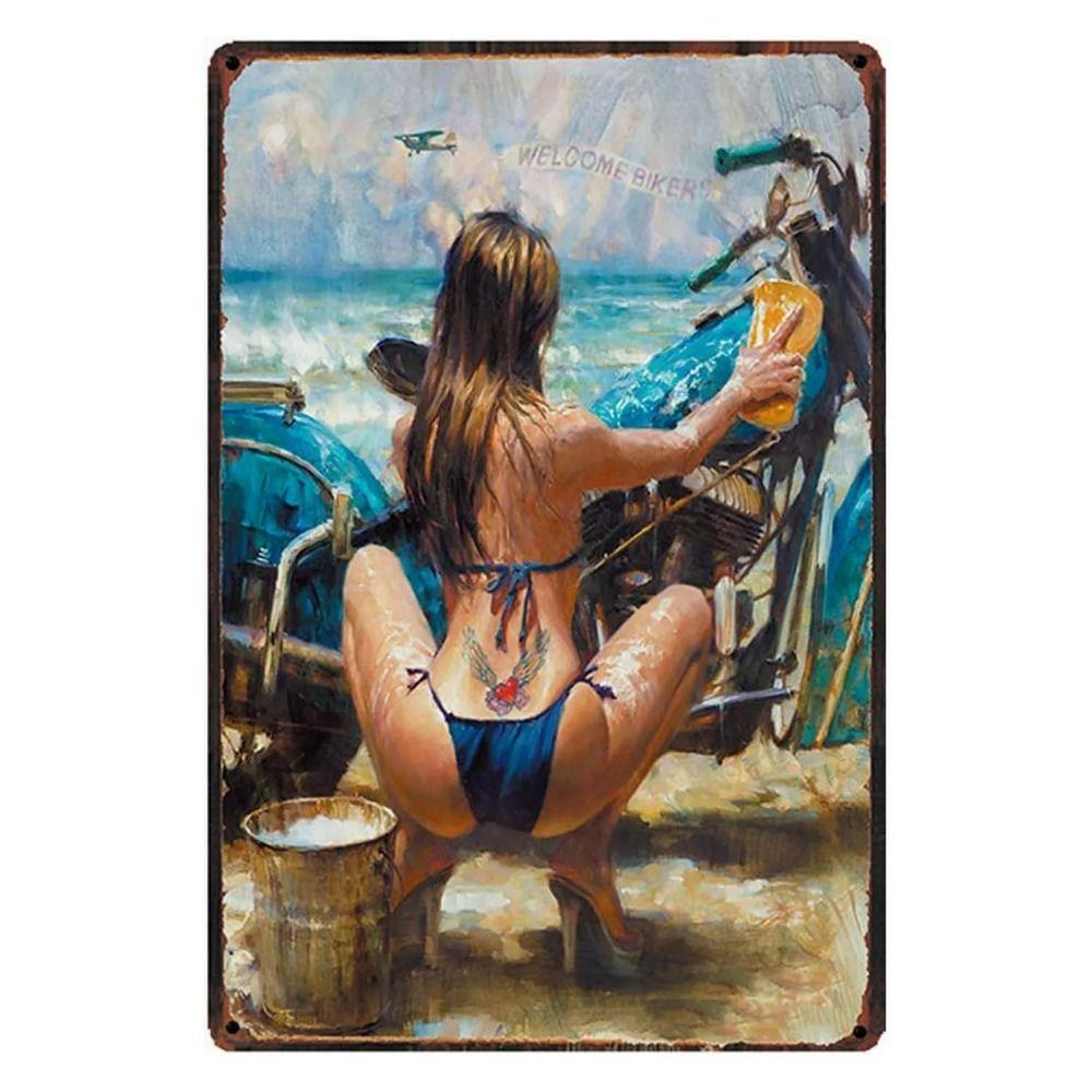 Retro Motorcycles & Beautiful Women Metal Tin Signs for Bar Cafe Living Room Walls