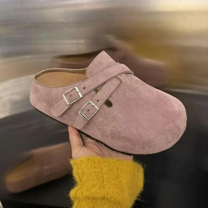 Fashion Scrub Soft Leather Bag Head Half Slippers Women's All-match Round Toe Deep Mouth Metal Buckle Platform Flats