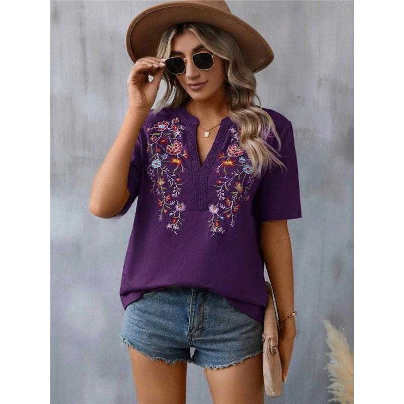 

Women s Embroidery V-Neck Blouse Casual Short Sleeve Summer Top XXL