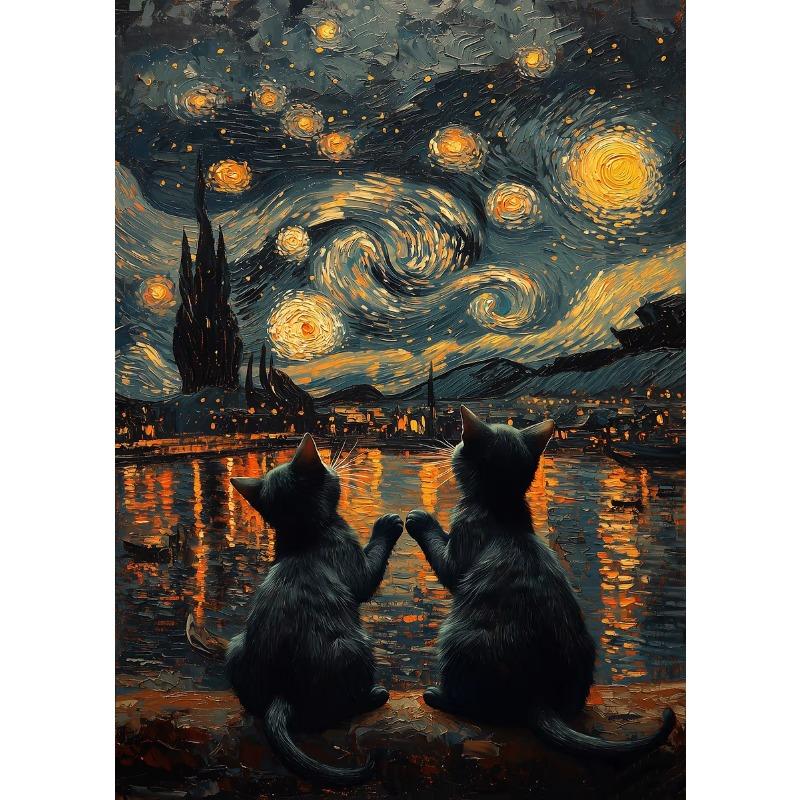 Black Cat Under The Sky Starry Night Series Theme Canvas Printing Fashion Populars Colors Mural Studio Home Decoration Art Gifts