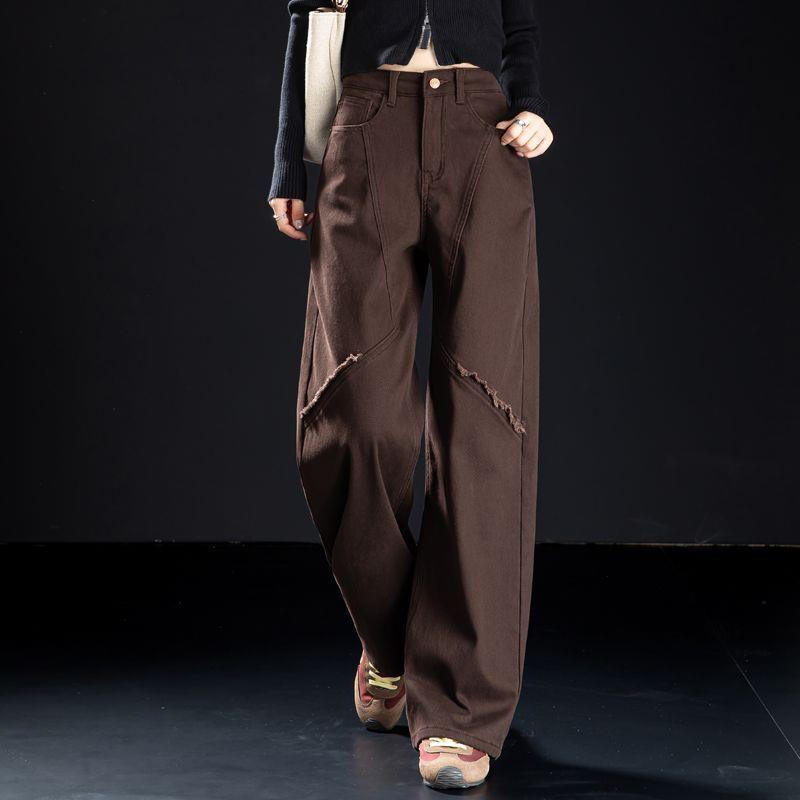 

Women s Coffee-Colored High-Waisted Plush Denim Jeans - Slim Fit Straight-Leg Pants for Petite, Curved Figures, 2025 Season. 30, 120-130 jin