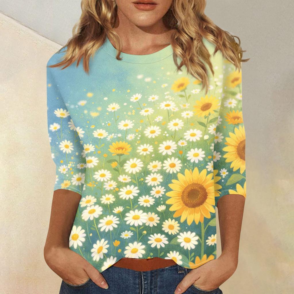Women's Casual Three Quarter Sleeve Floral Print Round Neck Top Lightweight Comfortable Fit for Everyday Wear